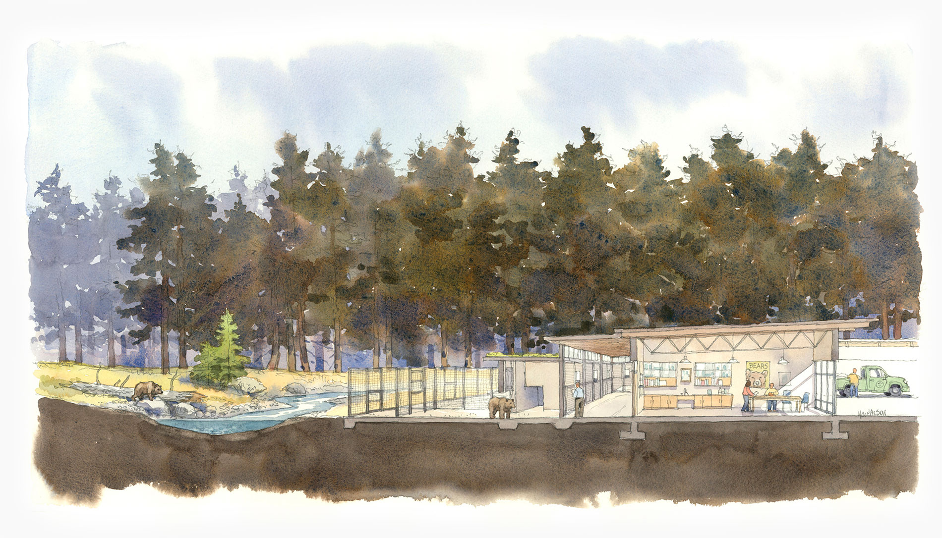 A watercolor sketch of a bear facility next to a river and forest